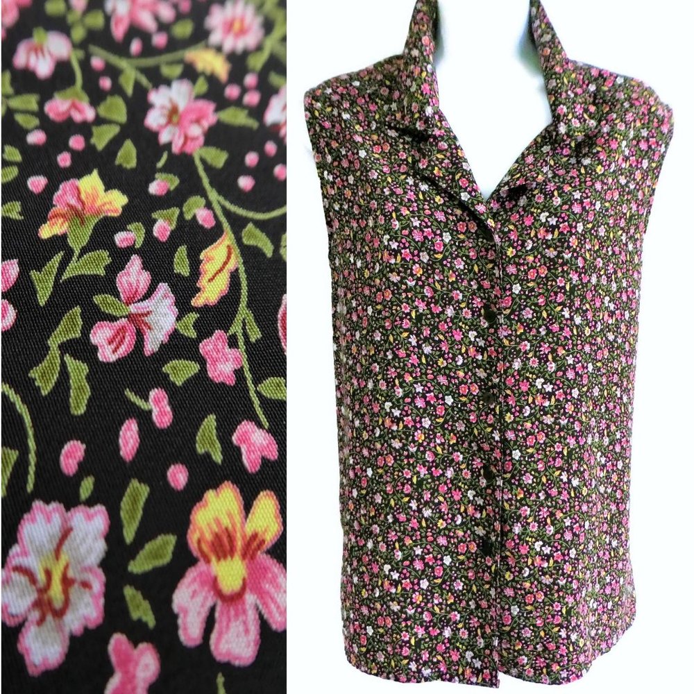 Vintage Floral Top Notched Collar Sleeveless Button Front Side Vents Farmhouse